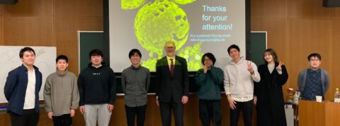 A photo with Prof. Satoshi Watanabe and Kyoto University students following Prof. Klupp Taylor's research seminar Photo: Satoshi Watanabe