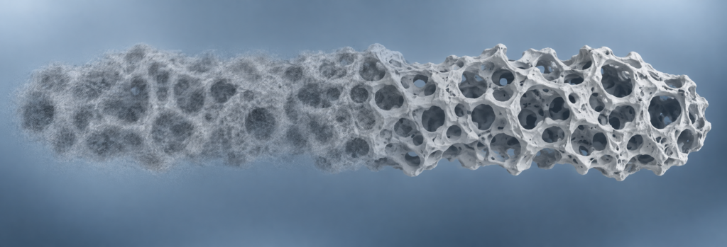 Abstract porous structure changing from blurred at left to sharp at right.