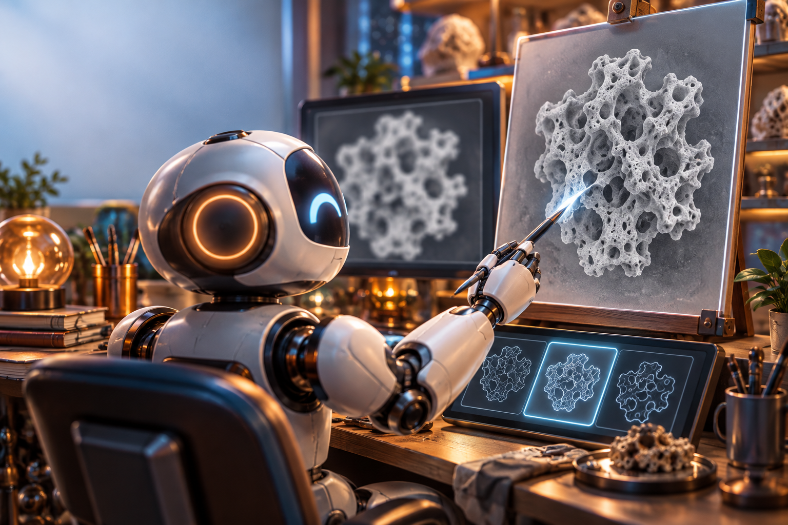 Robot painter sharpening a blurred porous structure, with candidate edges on a display.