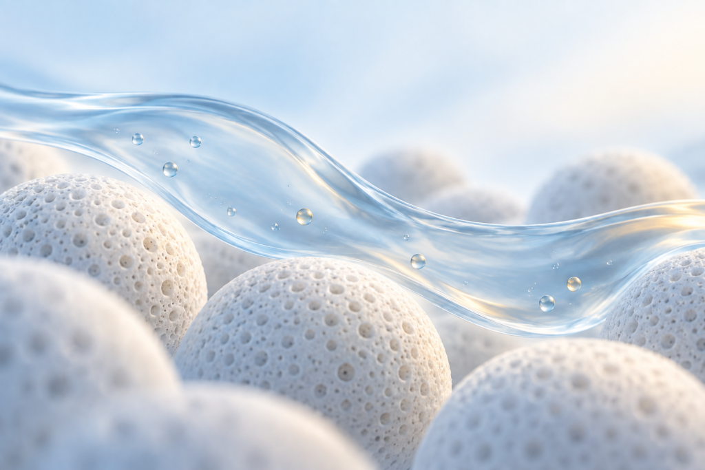 Abstract illustration of translucent solvent layers flowing over porous silica grains; no specific molecules are depicted.