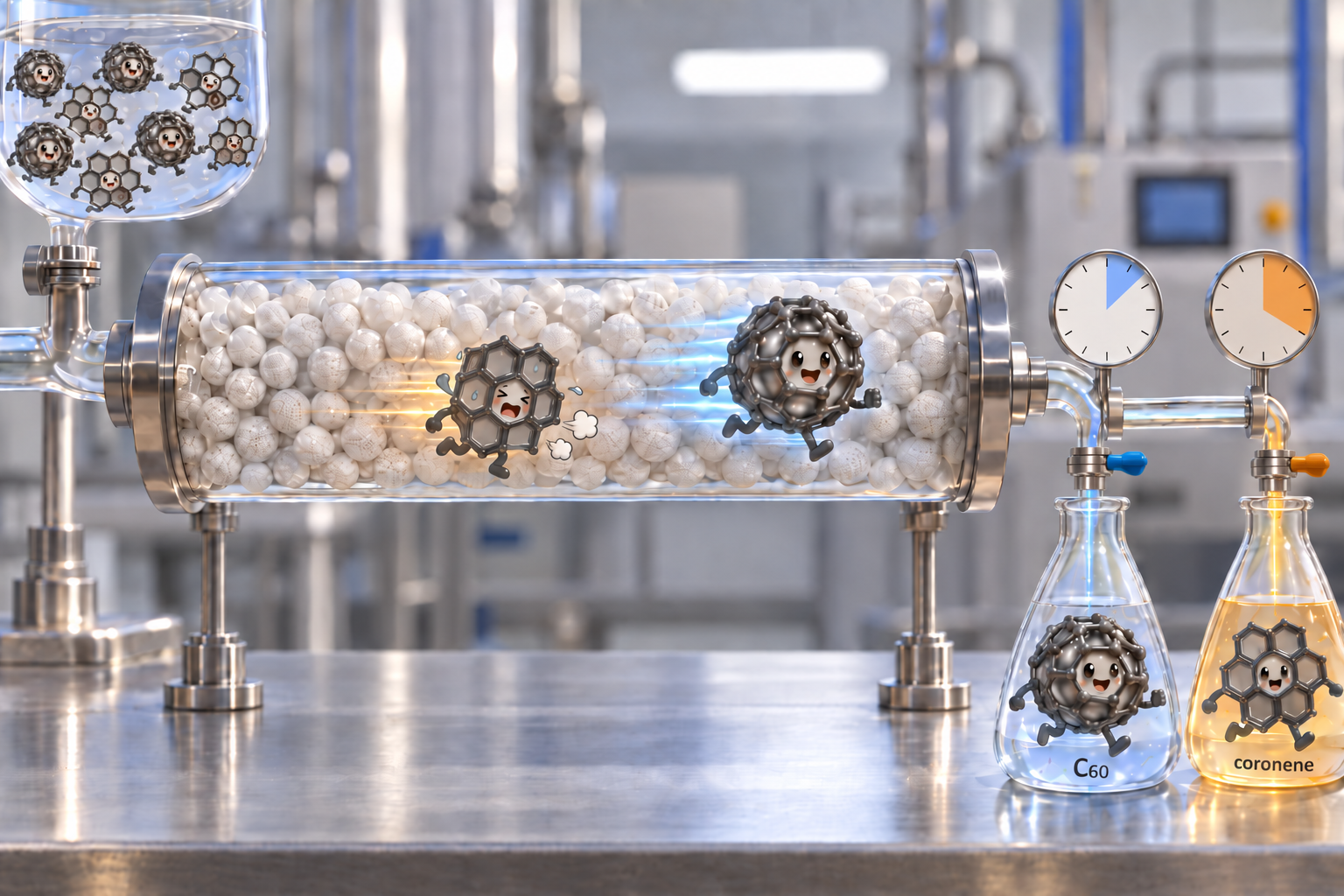 Illustration of a silica chromatography column separating flat coronene and nearly spherical C60 molecules.