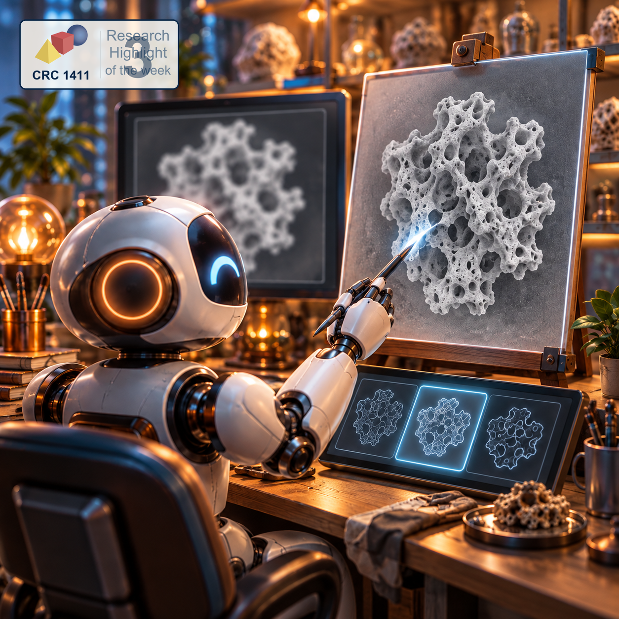 CRC 1411 Research Highlight 3: A robot painter sharpens a blurred porous structure, with candidate edge patterns on a display.