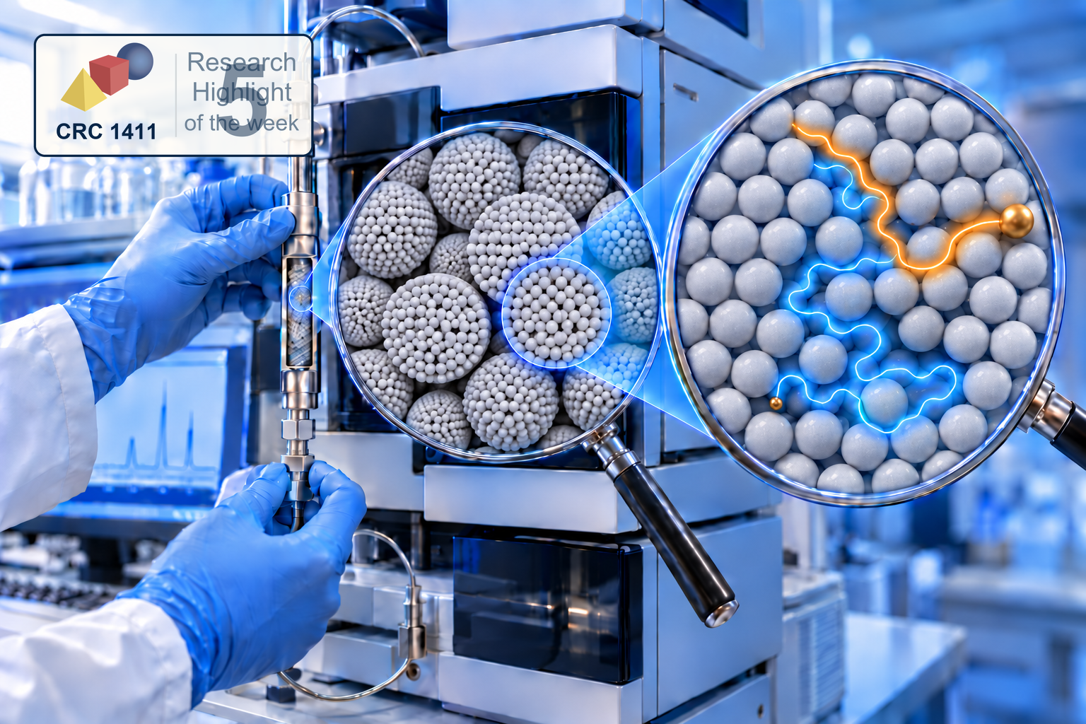 Research Highlight 5: an HPLC column and two magnified views show porous supraparticles and differently sized gold nanoparticles travelling through their pores.